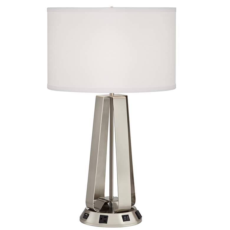 Image 1 42F84 -25"Brushed Nickel Curved Table Lamp wUSB and 2Outlets