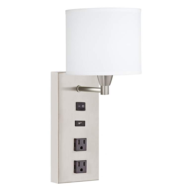 Image 1 42G10-Brushed Nickel Direct Wired Wall Lamp wUSB and Outlets