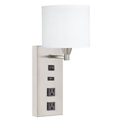 42G10-Brushed Nickel Direct Wired Wall Lamp wUSB and Outlets