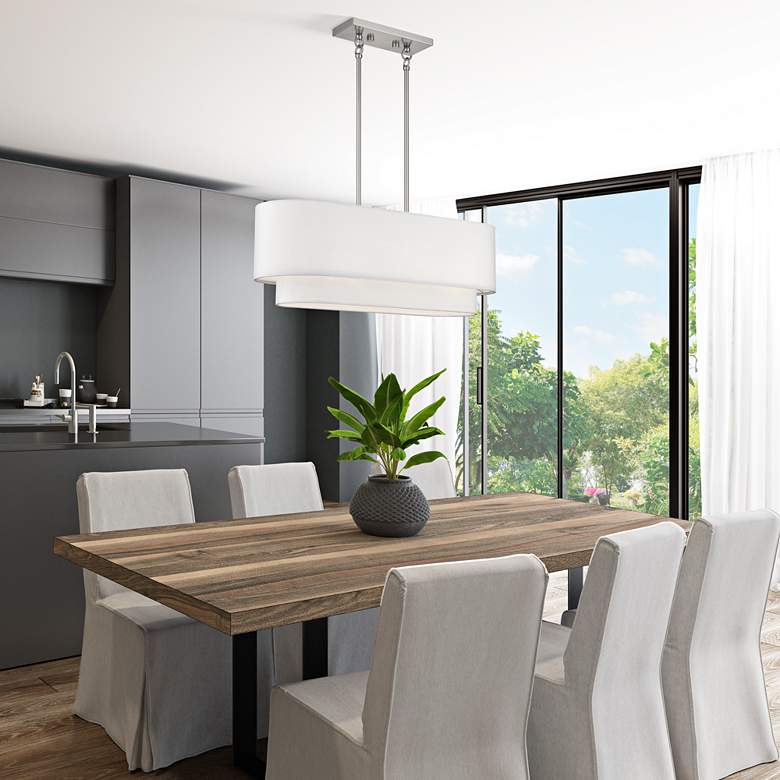 Image 1 3 Light Brushed Nickel Medium Linear Chandelier in scene