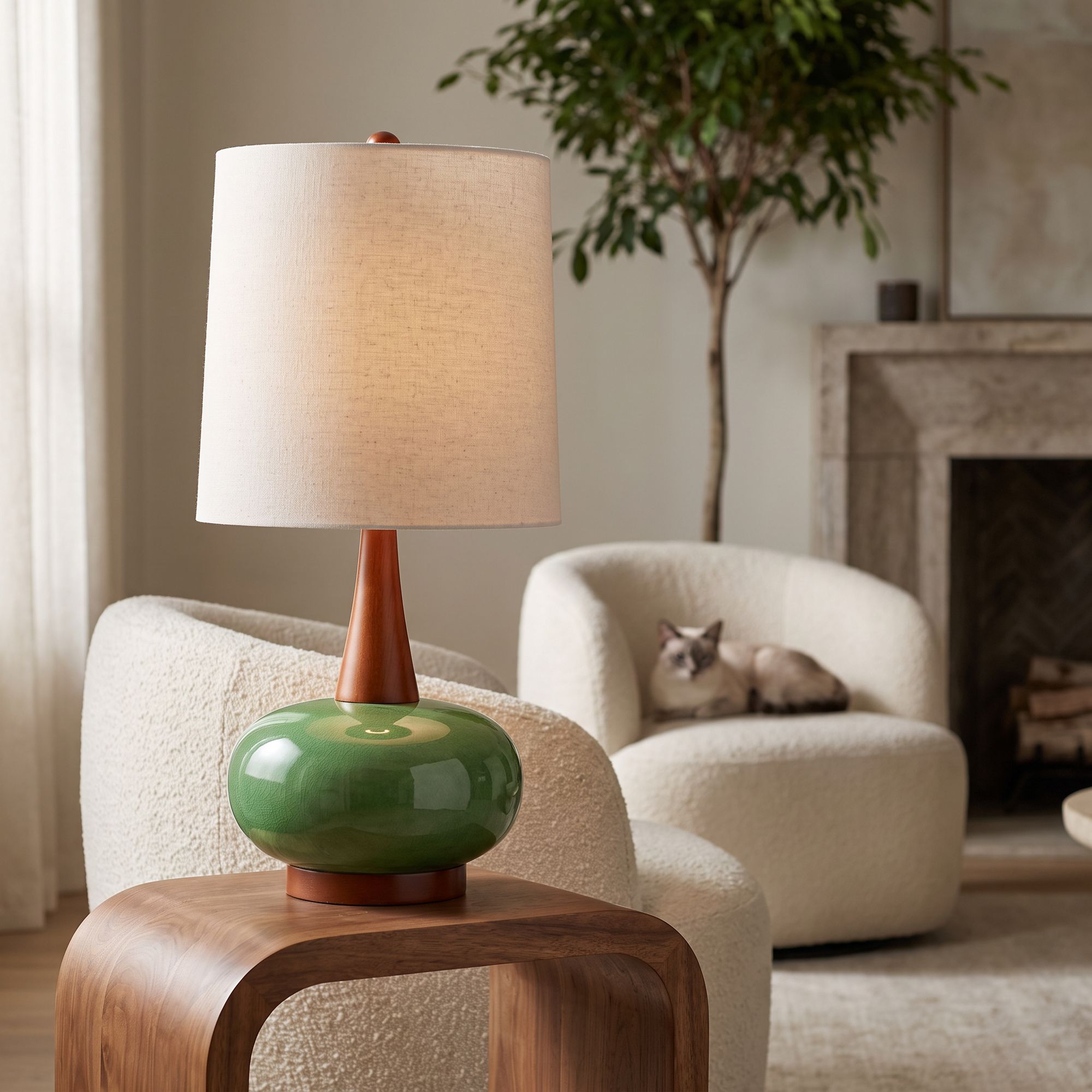 Image 1 Possini Euro Andi 25" Modern Wood and Green Ceramic Table Lamp in scene