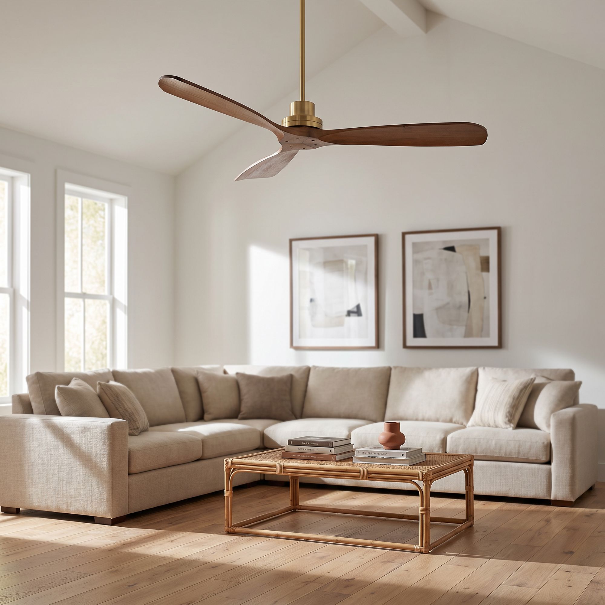 Image 1 52" Casa Vieja Delta DC Soft Brass Ceiling Fan with Remote in scene