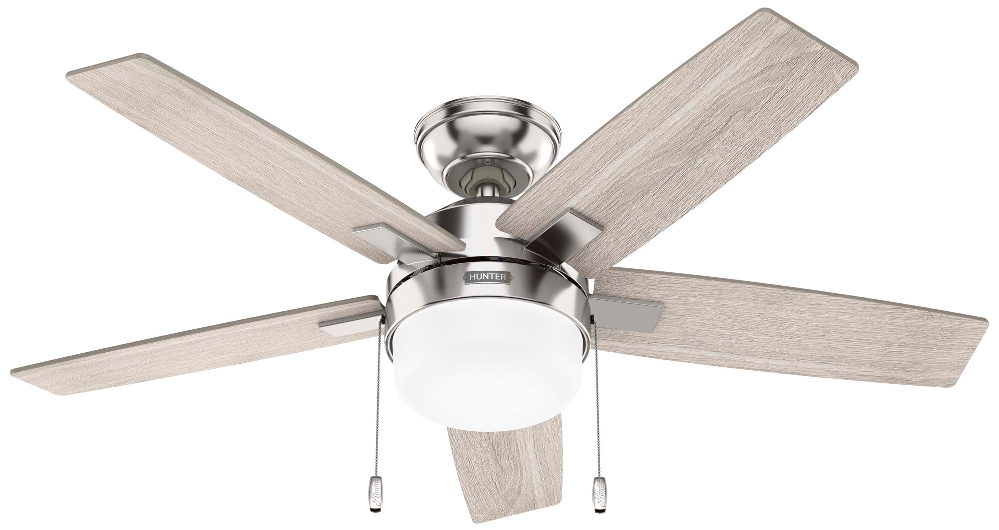 44" Anisten Brushed Nickel Fan with Matte Nickel/Light Grey Oak Blades