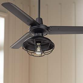 Image1 of 44" Plaza Matte Black Damp Rated Cage Light Ceiling Fan with Remote