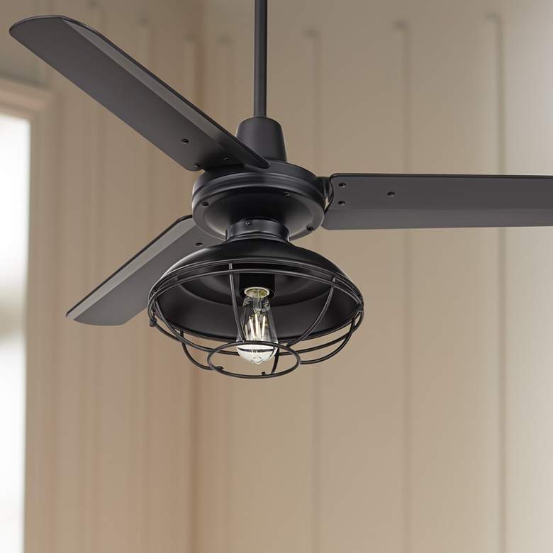 Image 1 44" Plaza Matte Black Damp Rated Cage Light Ceiling Fan with Remote