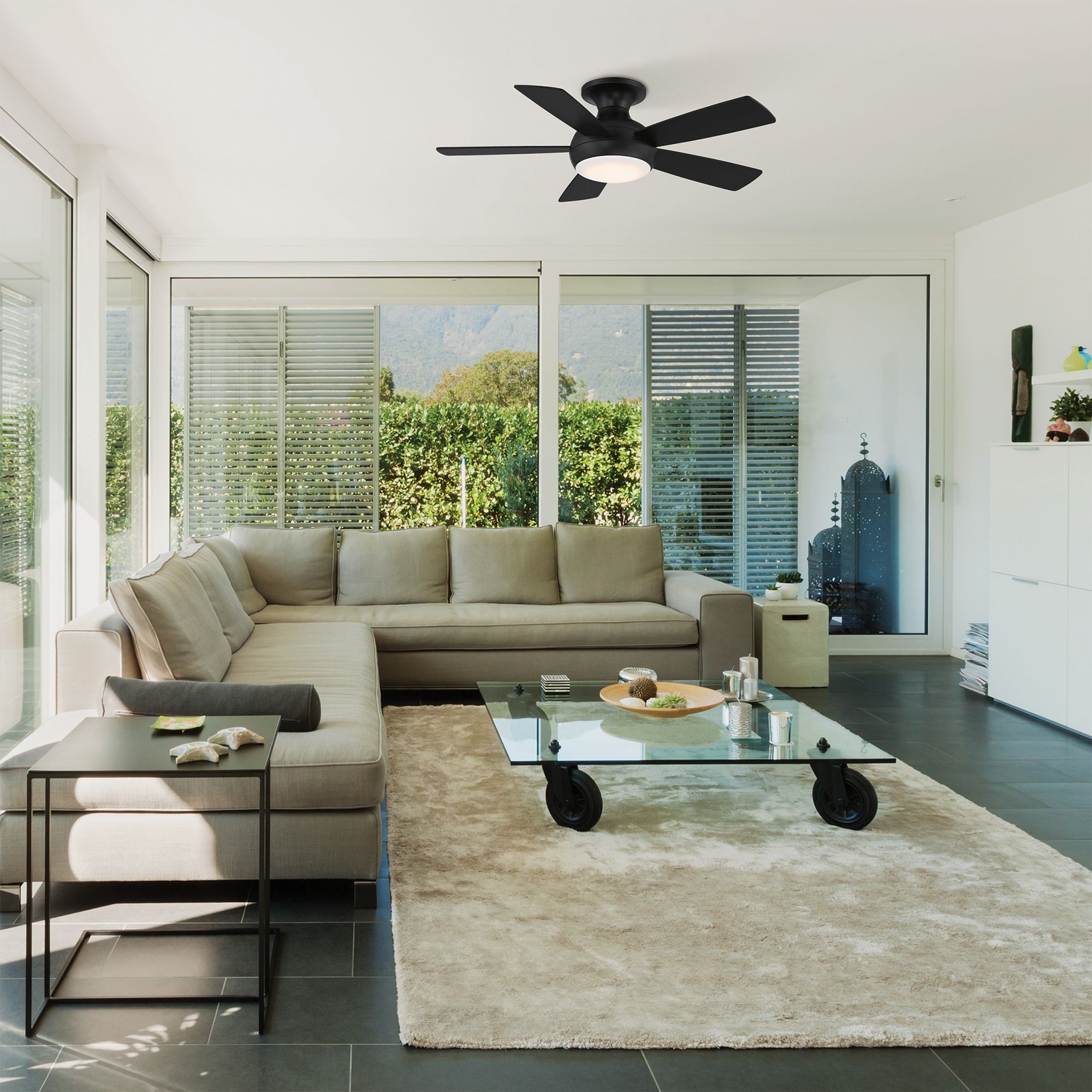 44" WAC Odyssey Matte Black Damp LED Hugger Smart Ceiling Fan in scene