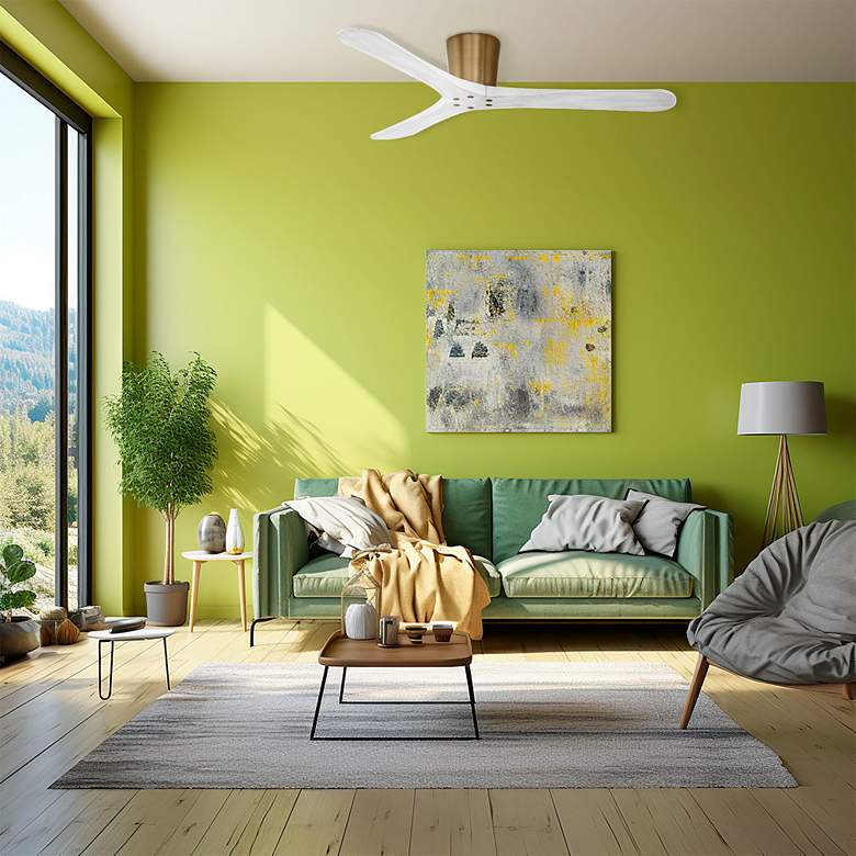 Image 1 60" Minka Aire Avtur Soft Brass Damp Hugger Ceiling Fan with Remote in scene