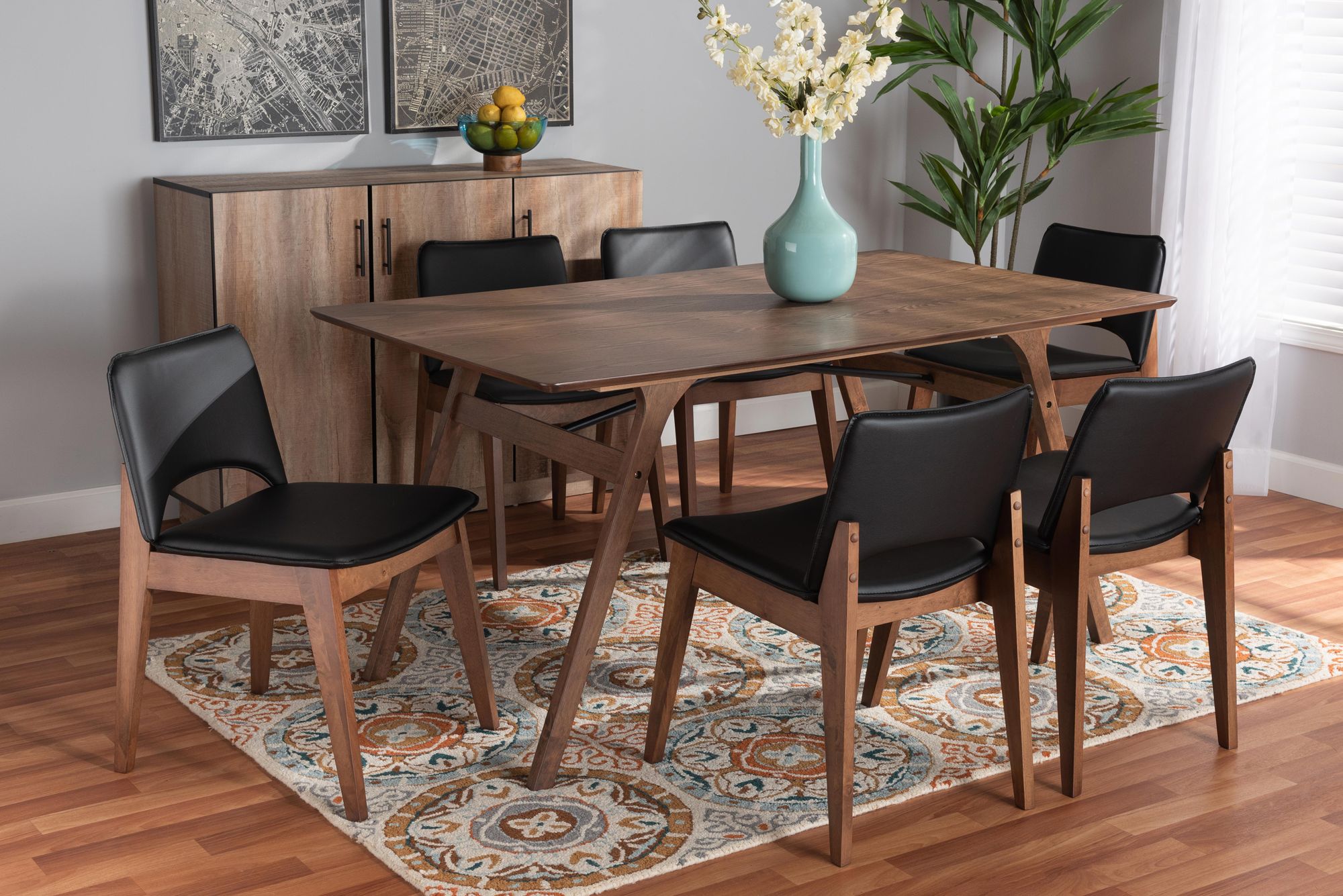 Image 1 Afton Black and Walnut Brown Wood 7-Piece Dining Set in scene