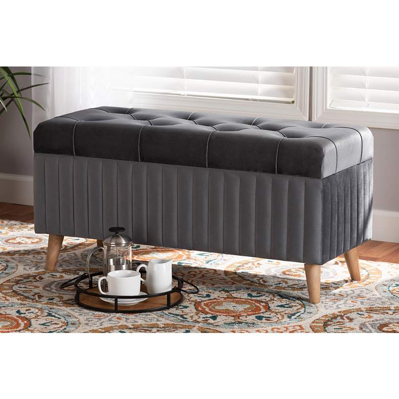 Image 1 Hanley Tufted Gray Velvet Fabric Storage Ottoman in scene