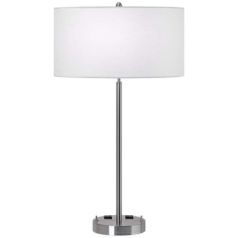 Image 1 44F42 - Brushed Nickel and Black Table Lamp with 2 Outlets