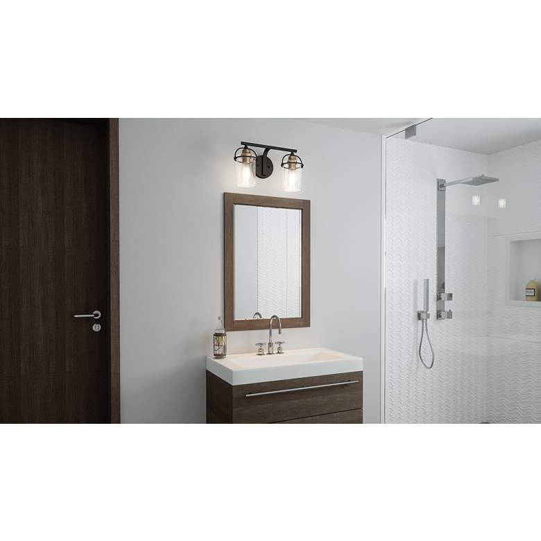 Image 1 Emerson 16" Wide Matte Black and Gold Bath Light by Quoizel in scene