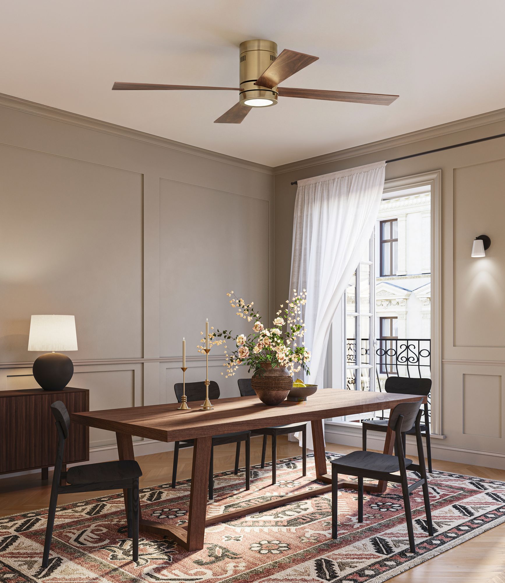 Image 1 52" Casa Vieja Revue Soft Brass LED Hugger Ceiling Fan with Remote in scene