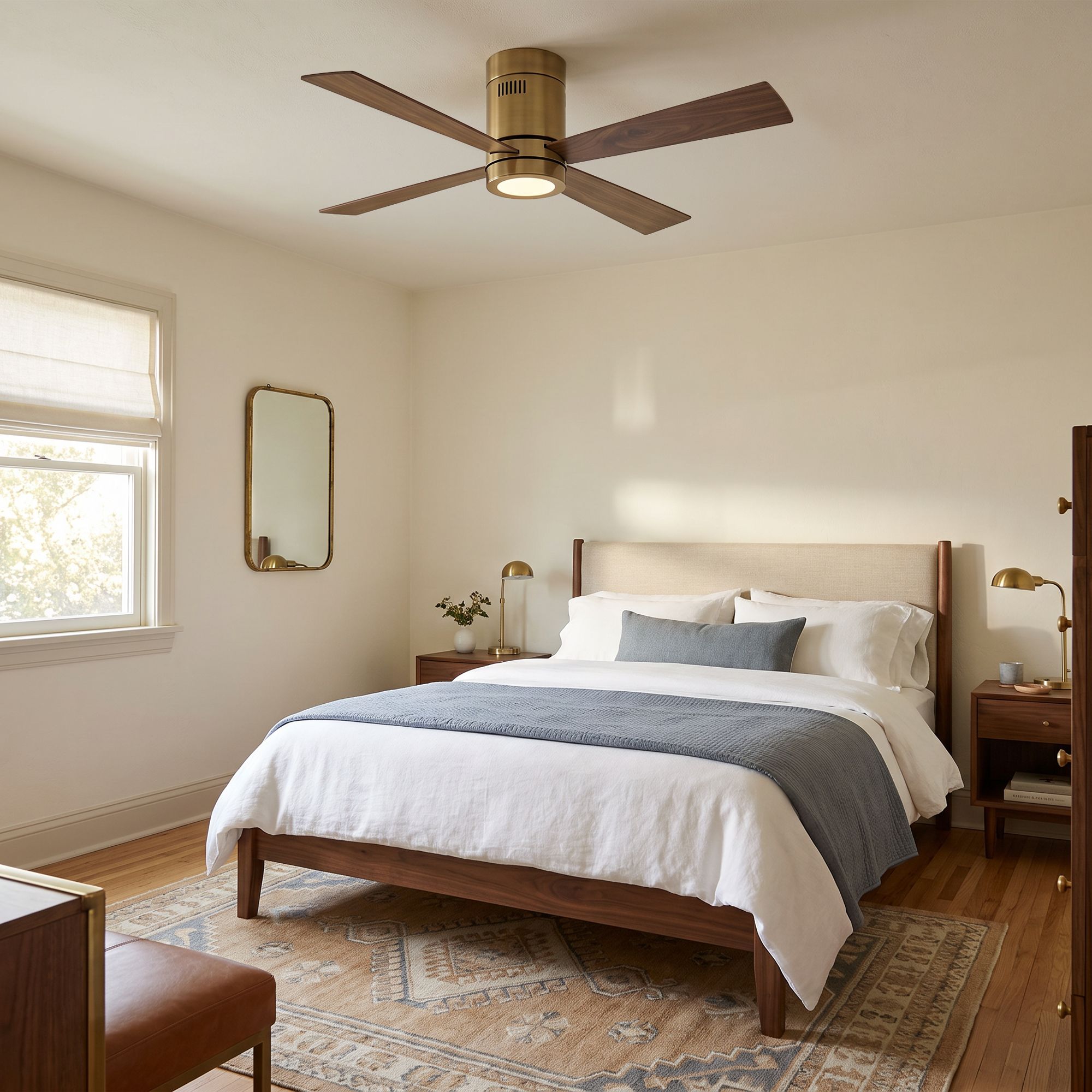 Image 1 52" Casa Vieja Revue Soft Brass LED Hugger Ceiling Fan with Remote in scene