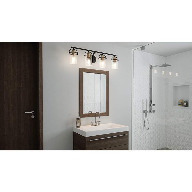 Image 1 Emerson 33.5" Wide Matte Black and Gold Bath Light by Quoizel in scene