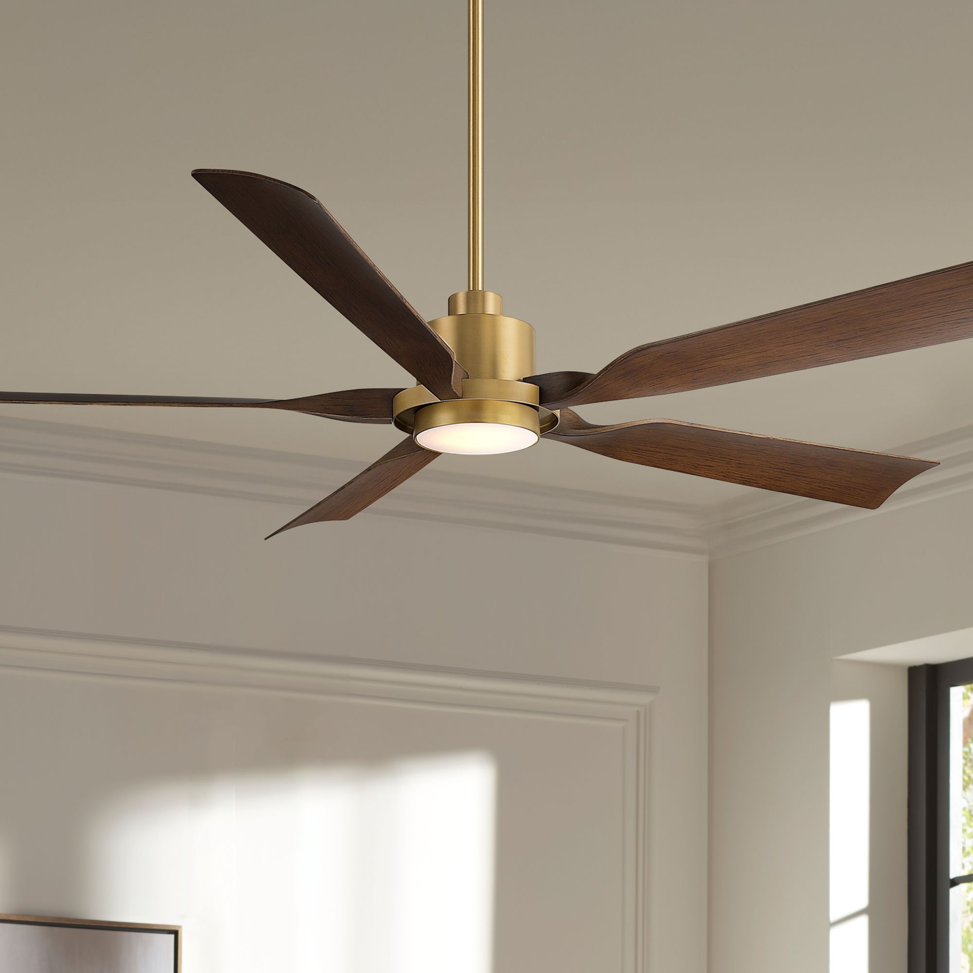 Image 1 60" Casa Vieja Stonebrook Soft Brass and Walnut Damp LED Ceiling Fan in scene