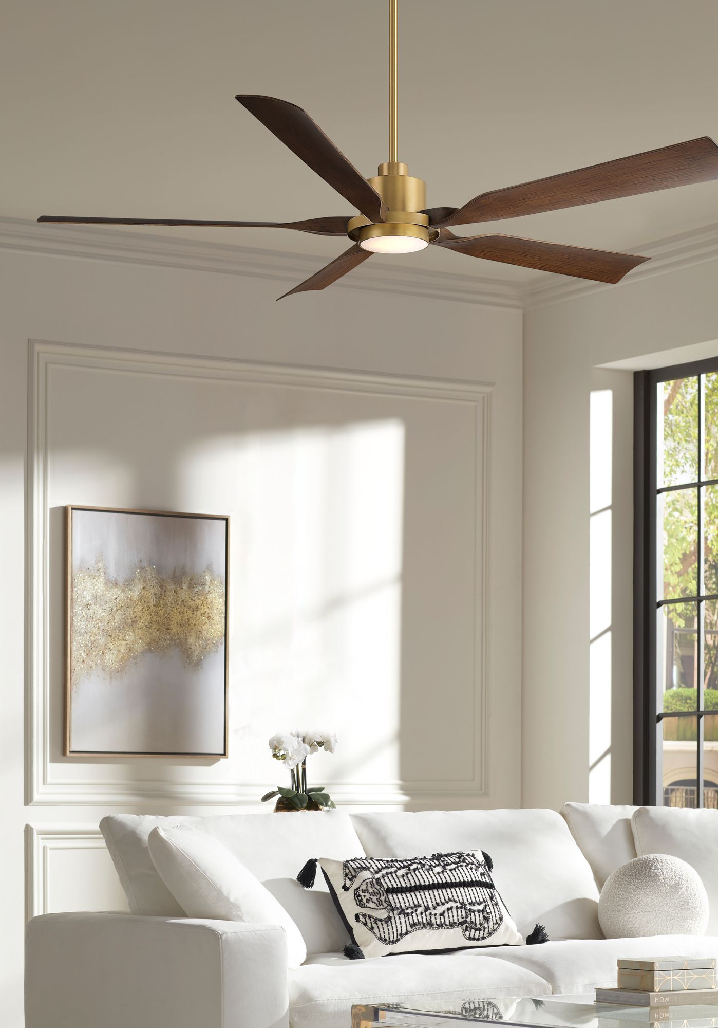 60" Casa Vieja Stonebrook Soft Brass and Walnut Damp LED Ceiling Fan in scene