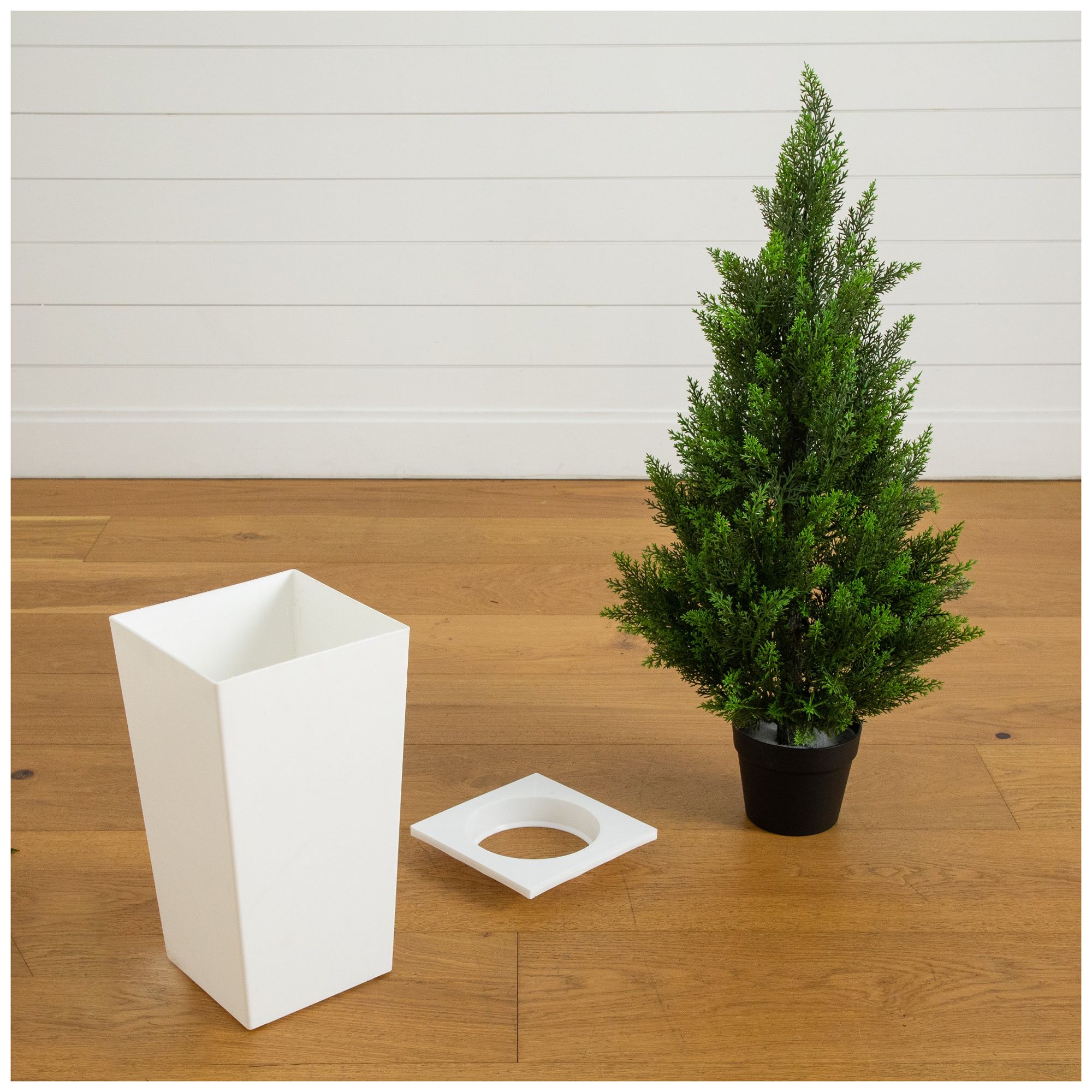 Image 7 45in. UV Resistant Artificial Cedar Tree in White Tower Planter more views