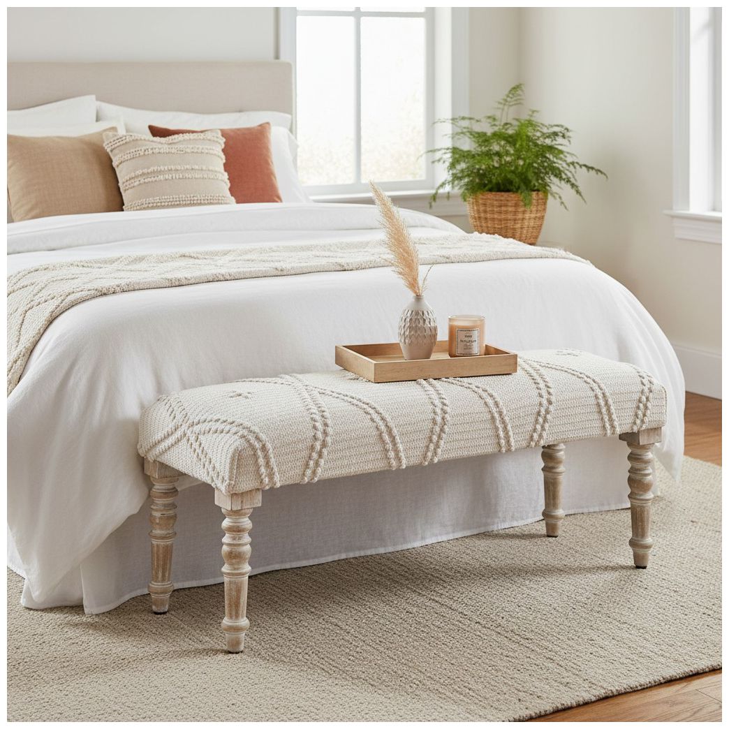 Image 4 46 in. White Upholstered Accent Bench with Cream Solid Wood Frame more views