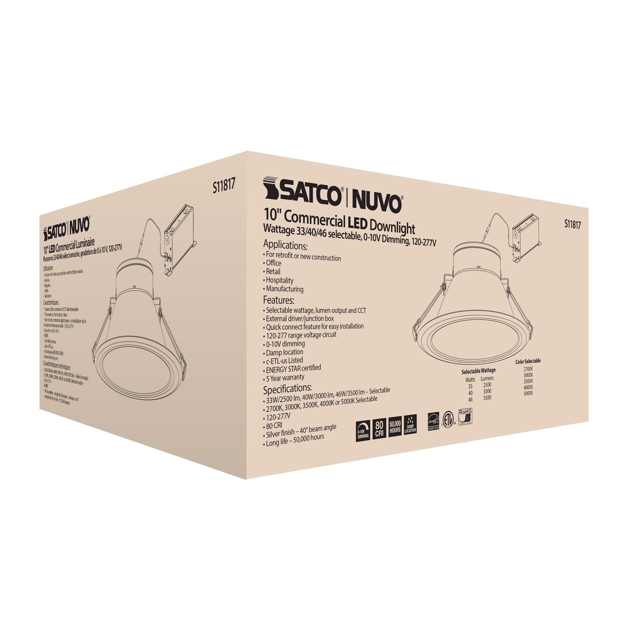 46 Watt Commercial LED Downlight; 10 in.; Color and Lumen Adjustable