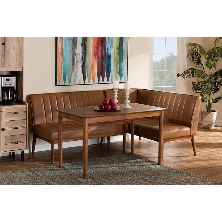 Image 1 Daymond Tan Faux Leather Tufted 3-Piece Dining Nook Set in scene