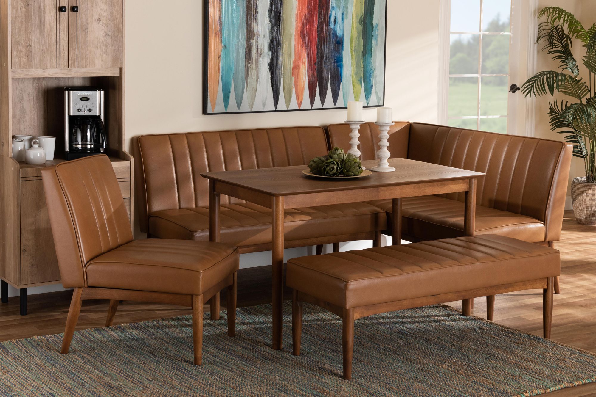 Image 1 Daymond Tan Faux Leather Tufted 5-Piece Dining Nook Set in scene