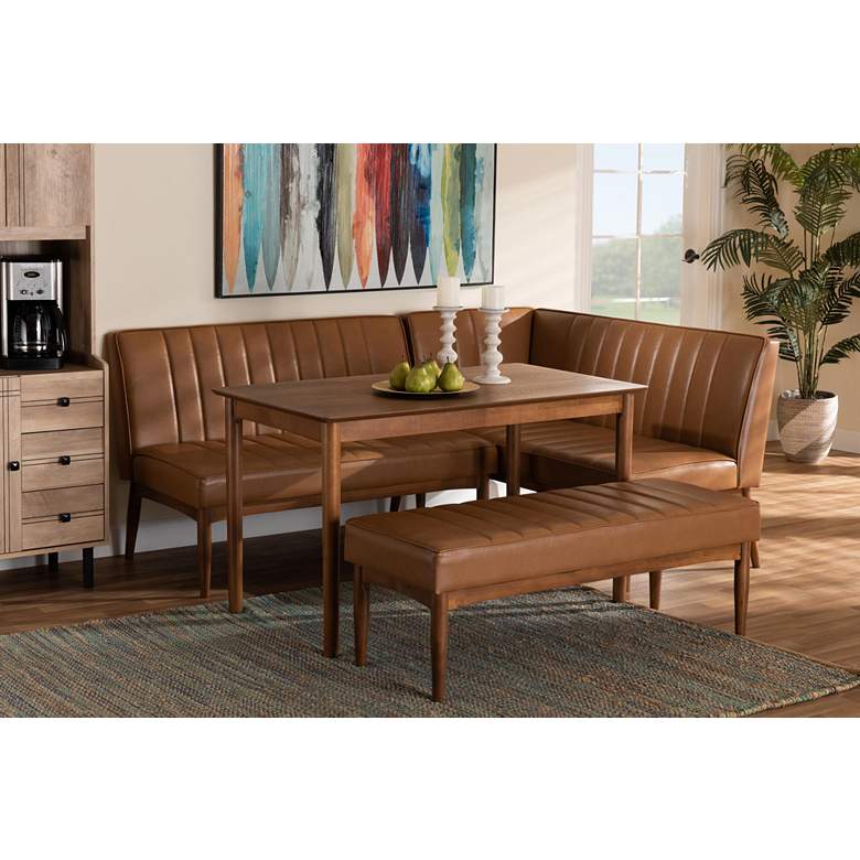 Image 1 Daymond Tan Faux Leather Tufted 4-Piece Dining Nook Set in scene