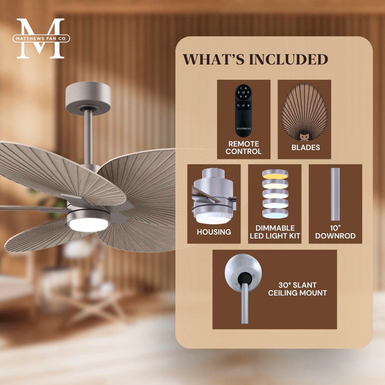 48" Alessandra Tropical Brushed Nickel and Gray Ceiling Fan