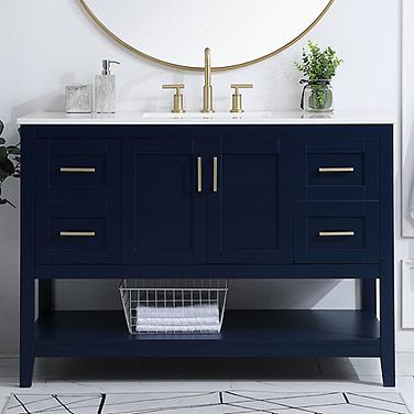 48-Inch Blue Single Sink Bathroom Vanity With White Calacatta Quartz Top