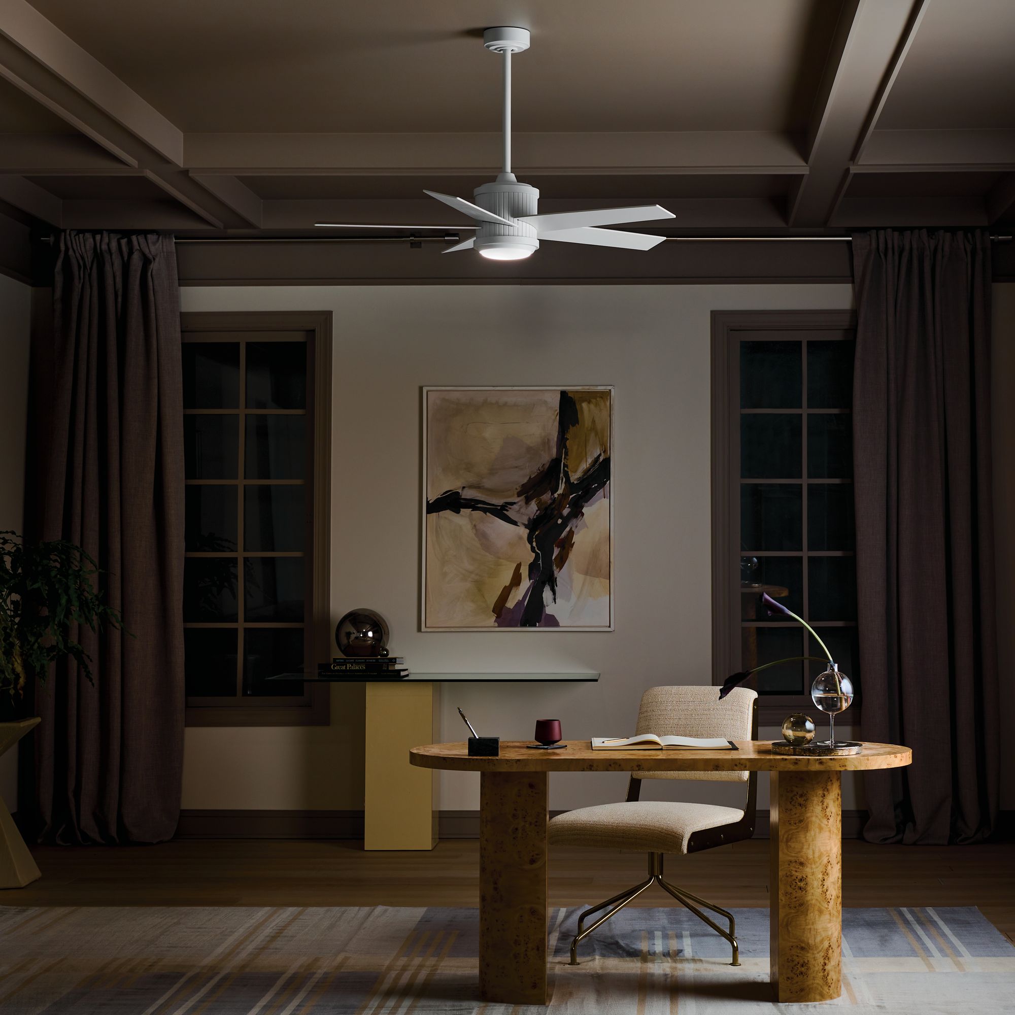 48" Kichler Brahm Matte White LED Indoor Ceiling Fan with Remote in scene