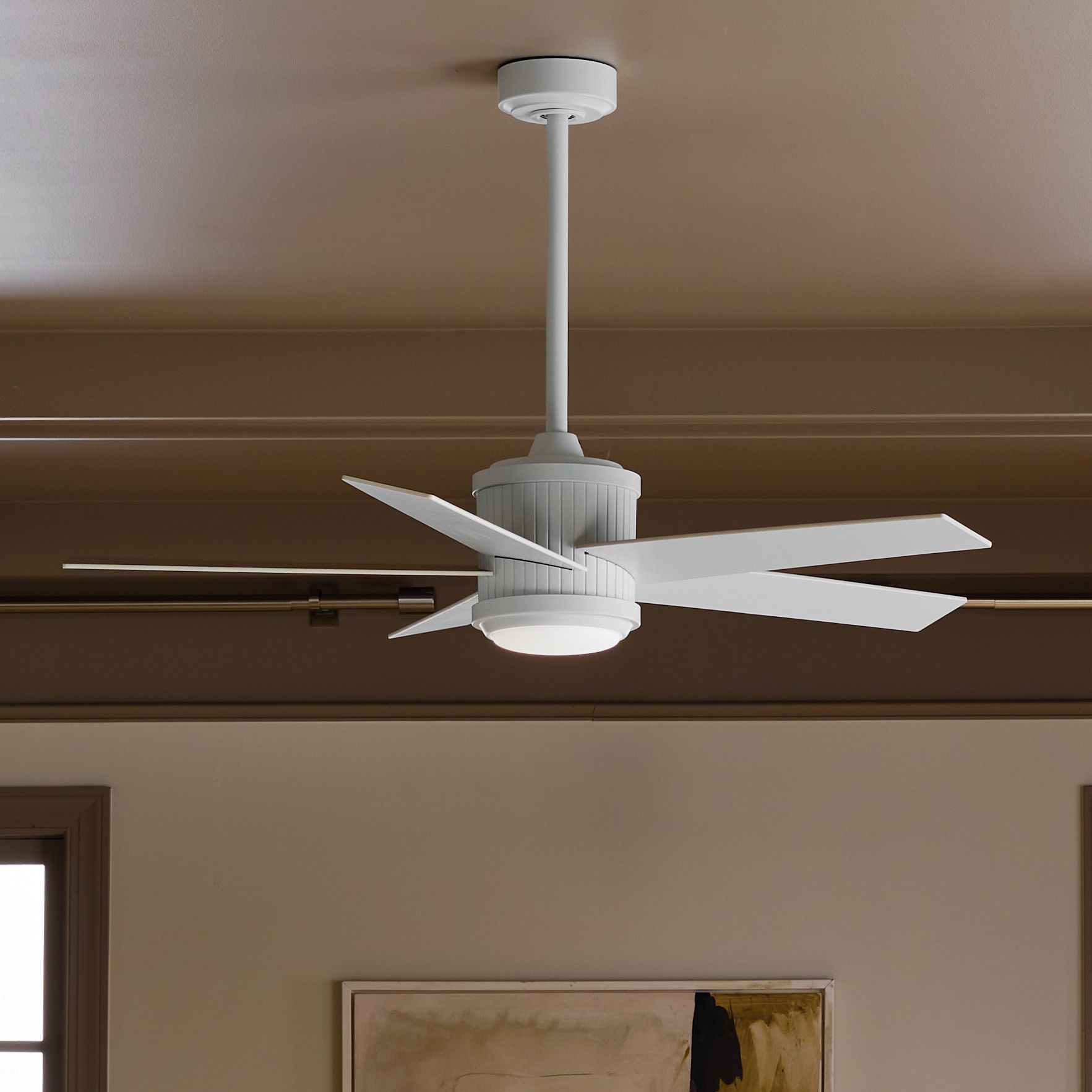 48" Kichler Brahm Matte White LED Indoor Ceiling Fan with Remote in scene