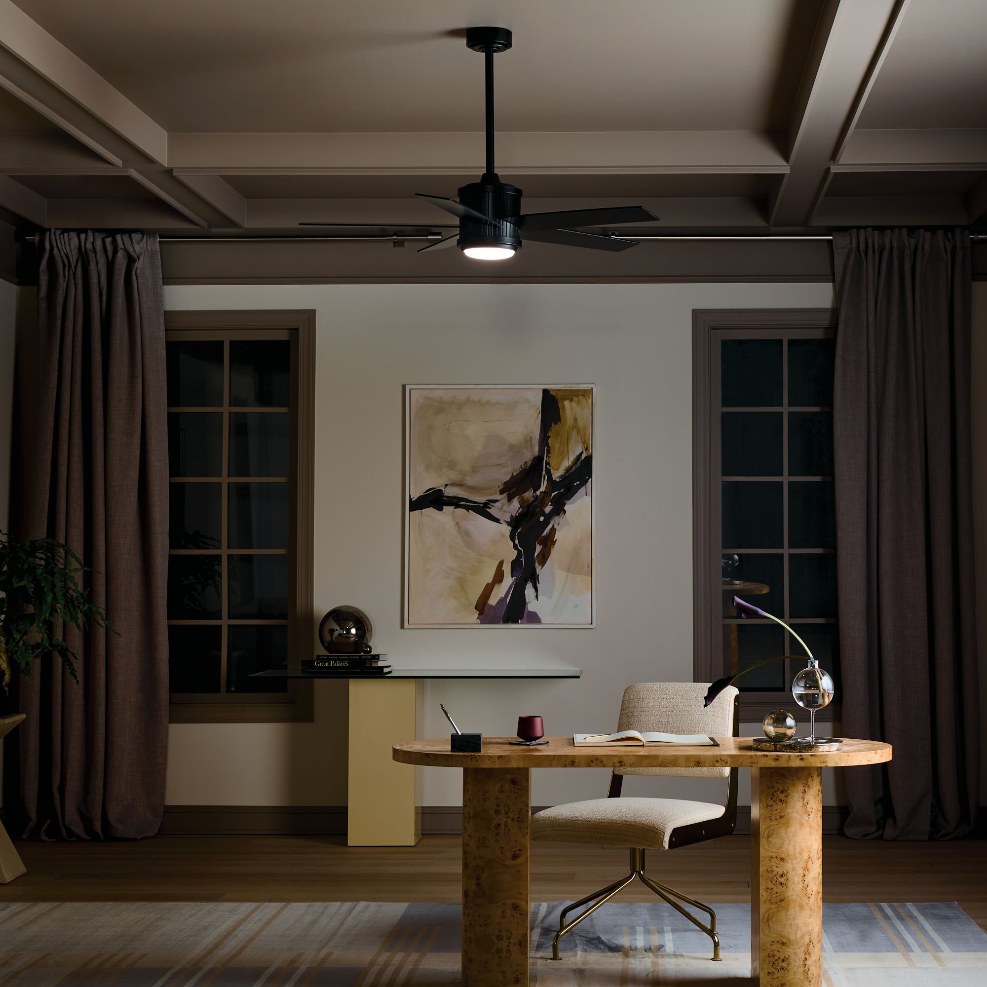 48" Kichler Brahm Satin Black LED Indoor Ceiling Fan with Remote in scene