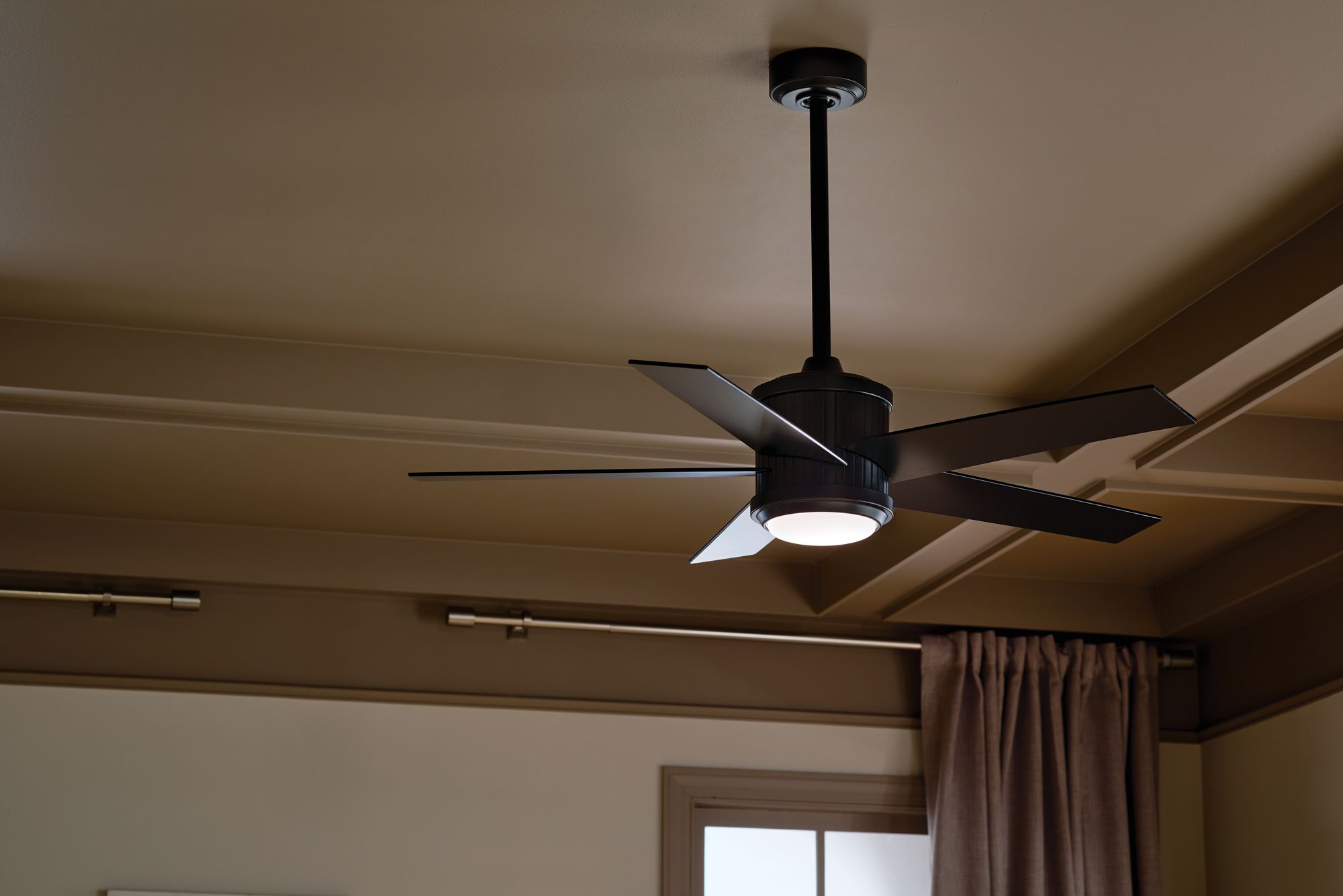 48" Kichler Brahm Satin Black LED Indoor Ceiling Fan with Remote in scene