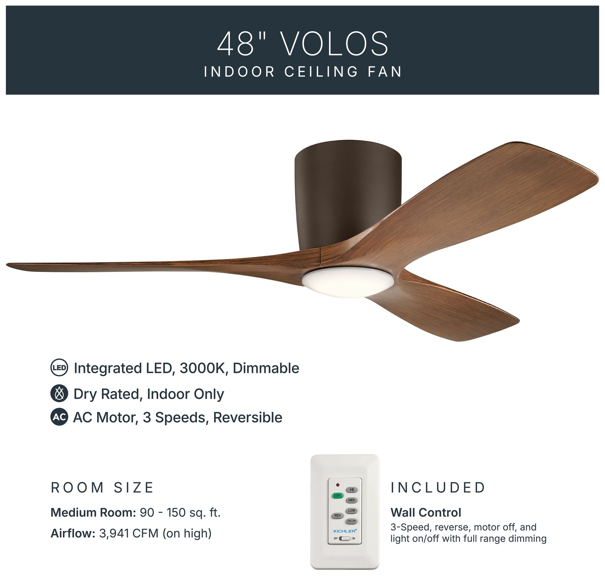 48" Kichler Volos Satin Bronze LED Ceiling Fan with Walnut Blades in scene