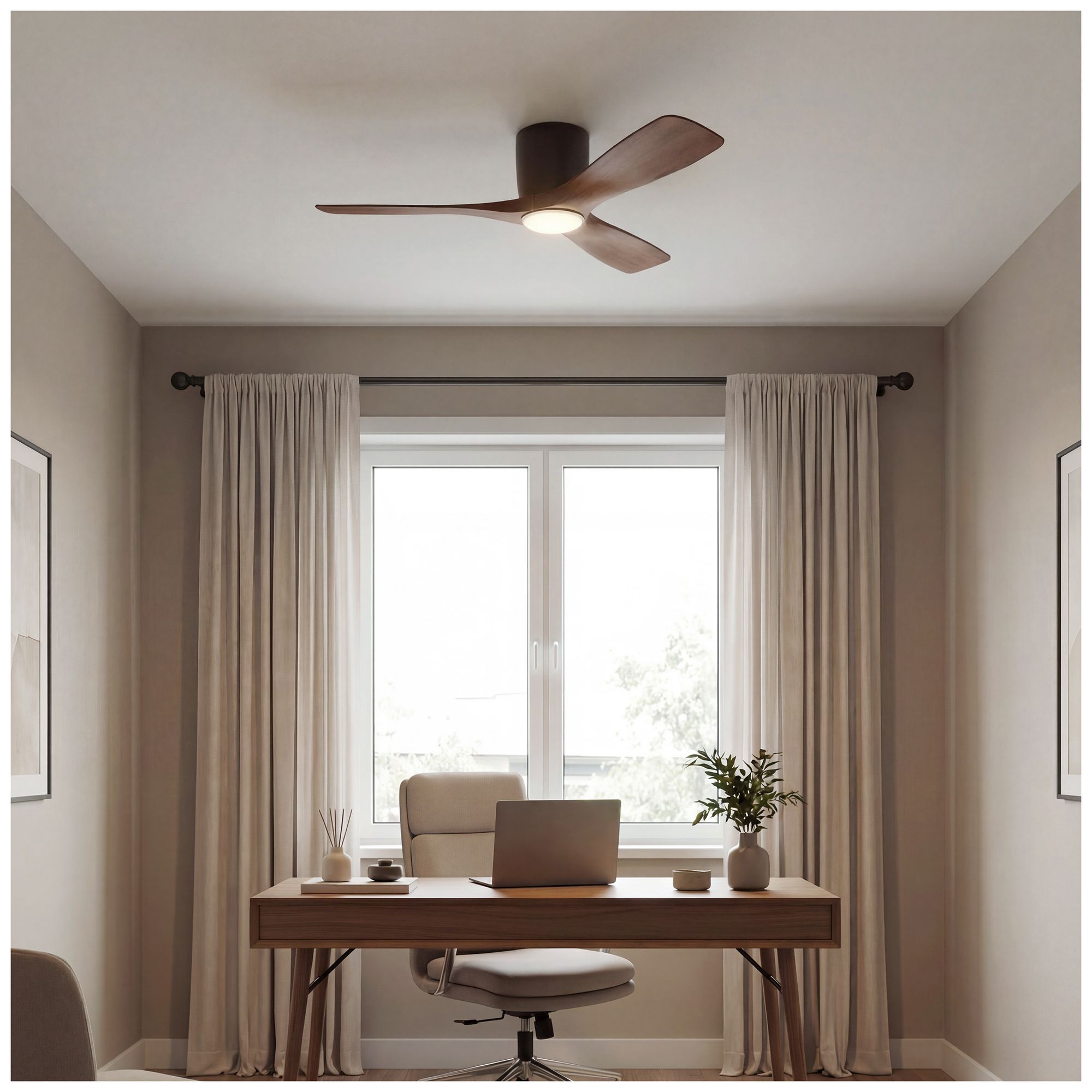 48" Kichler Volos Satin Bronze LED Ceiling Fan with Walnut Blades in scene