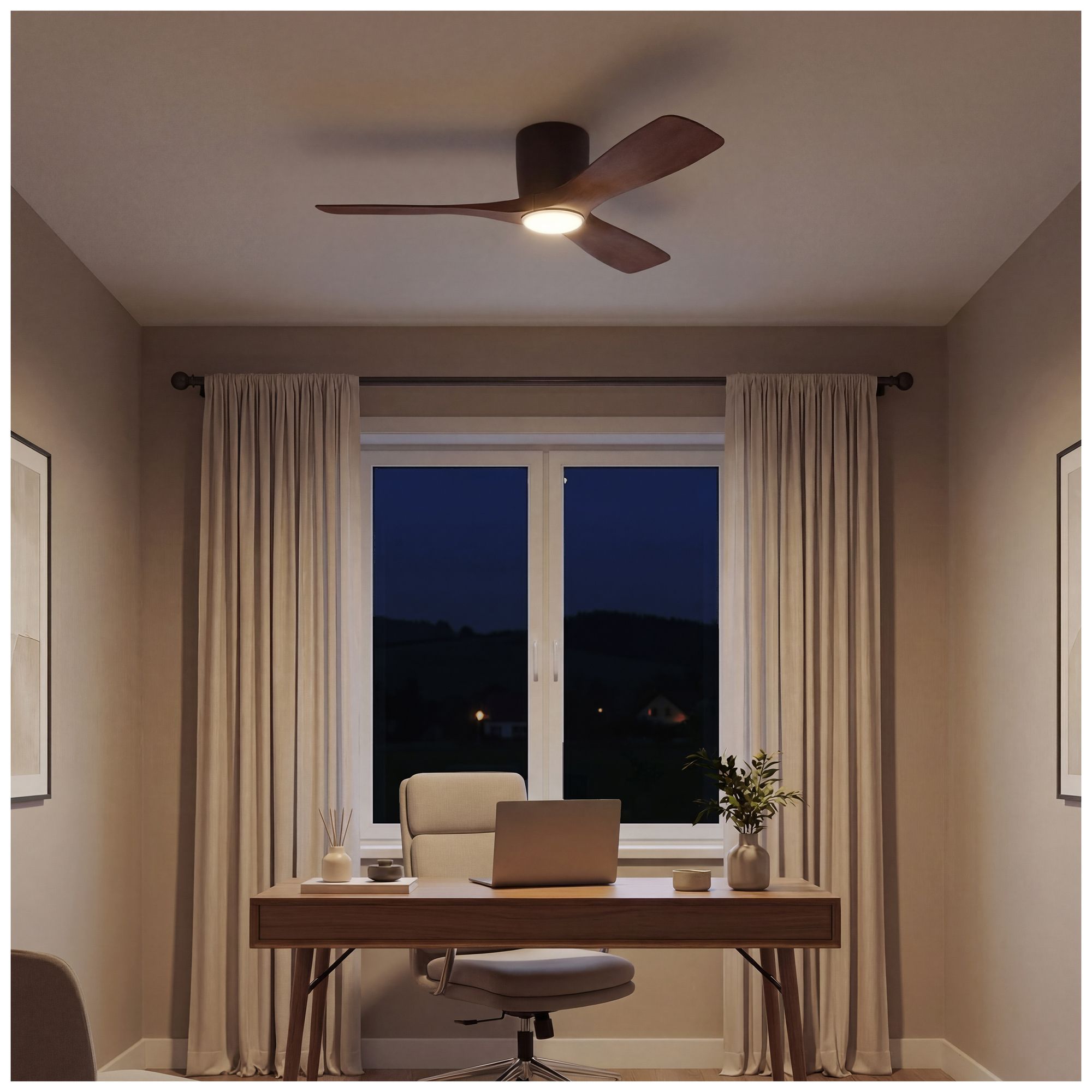 48" Kichler Volos Satin Bronze LED Ceiling Fan with Walnut Blades in scene