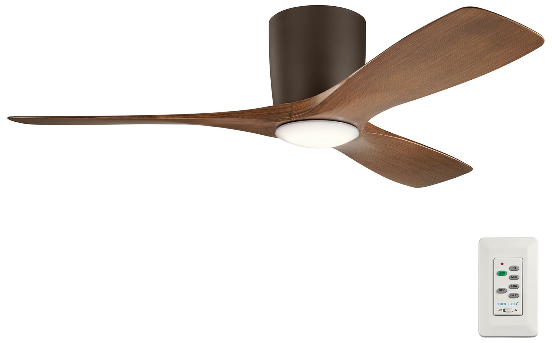 48" Kichler Volos Satin Bronze LED Ceiling Fan with Walnut Blades in scene