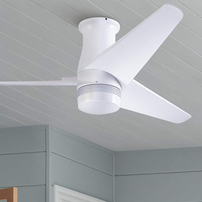 Image 1 48 inch Modern Fan Velo DC Gloss White Damp Rated Hugger Fan with Remote
