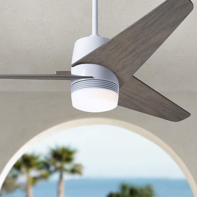 Image 1 48 inch Modern Fan Velo DC Gloss White Graywash Damp LED Fan with Remote