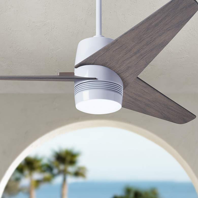 Image 1 48 inch Modern Fan Velo DC Gloss White Graywash Damp Rated Fan with Remote