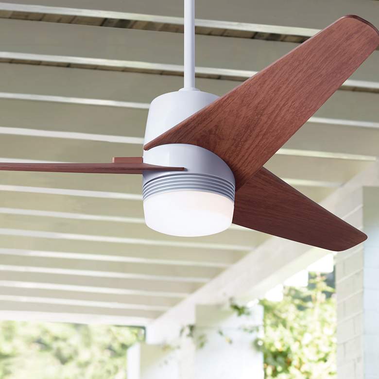 Image 1 48 inch Modern Fan Velo DC White Mahogany LED Damp Rated Fan with Remote