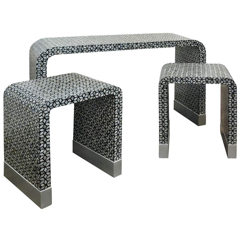 Image 1 48" Wide Blue and Gray Mother of Pearl Mosaic Nested Tables - Set of 3
