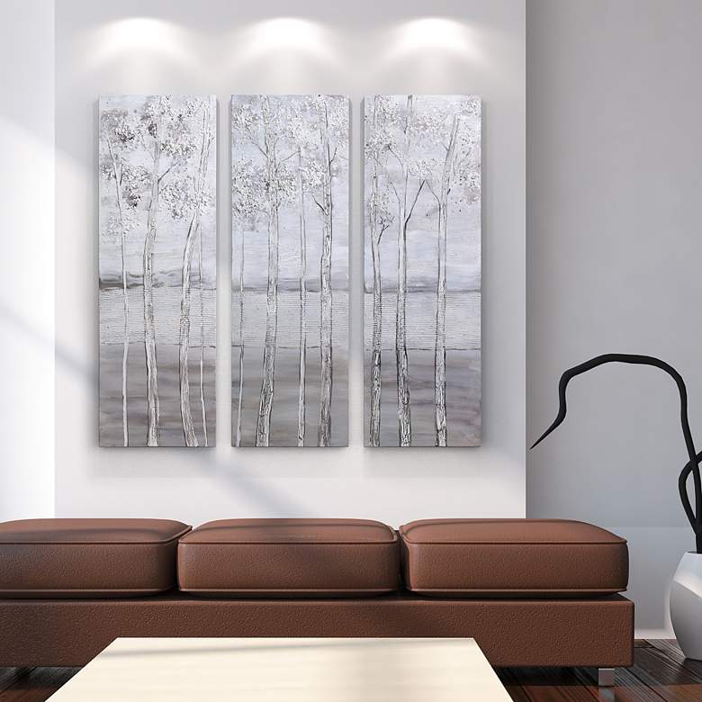 Image 1 Silver Winter 48" High Metallic 3-Piece Canvas Wall Art Set in scene