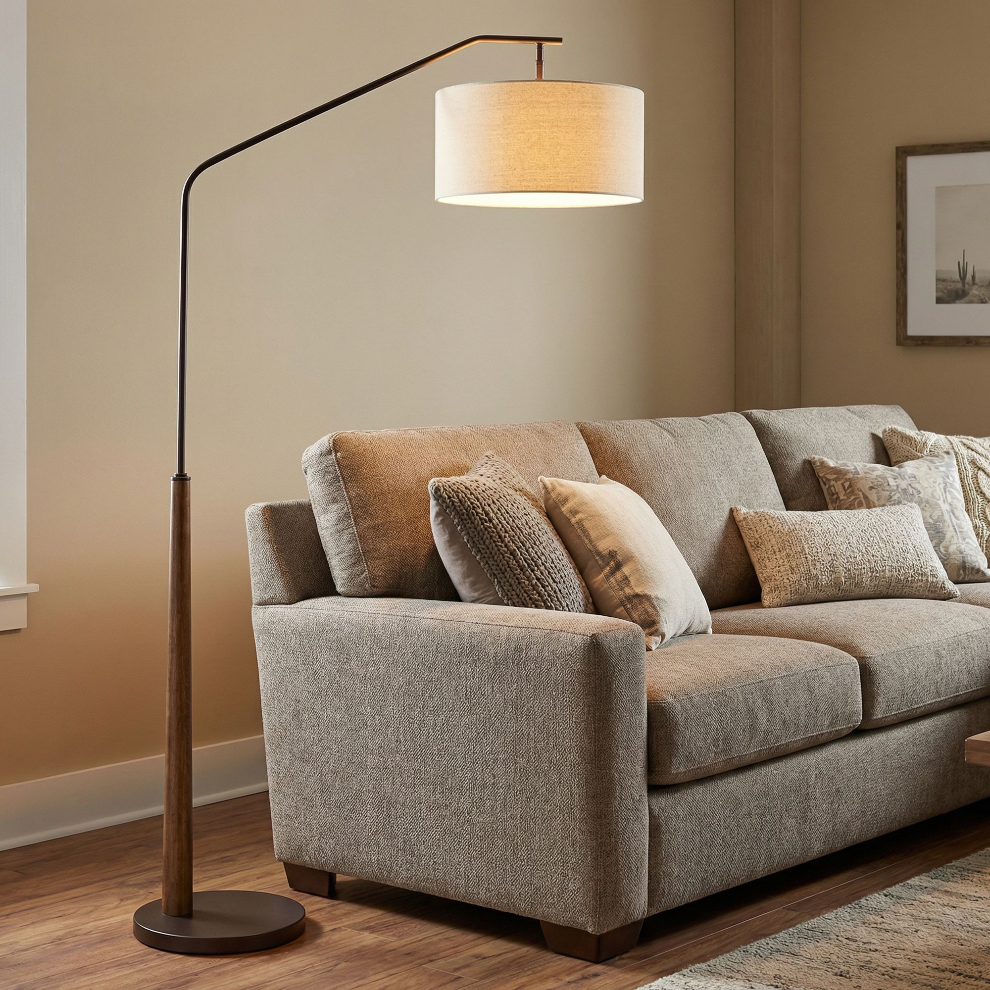 Thumbnail1 of Franklin Iron Works Kipling 76" Bronze and Wood Arc Floor Lamp in scene