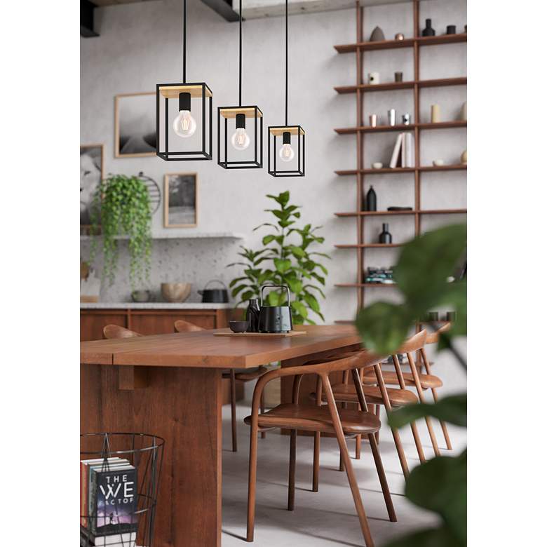 Image 1 Libertad 3-Light Linear Pendant - Structured Black and Wood Finish in scene