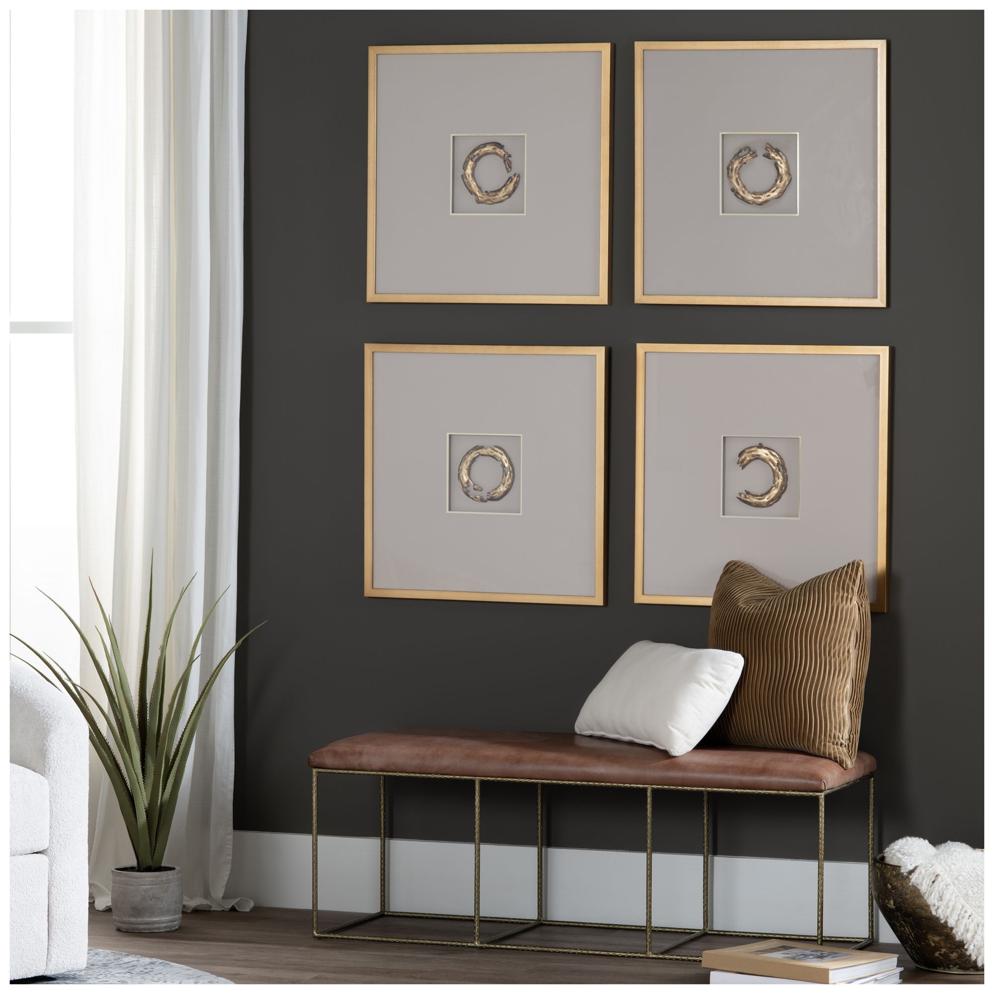 Image 4 49 in. Brown Upholstered Accent Bench with Gold Iron Frame more views