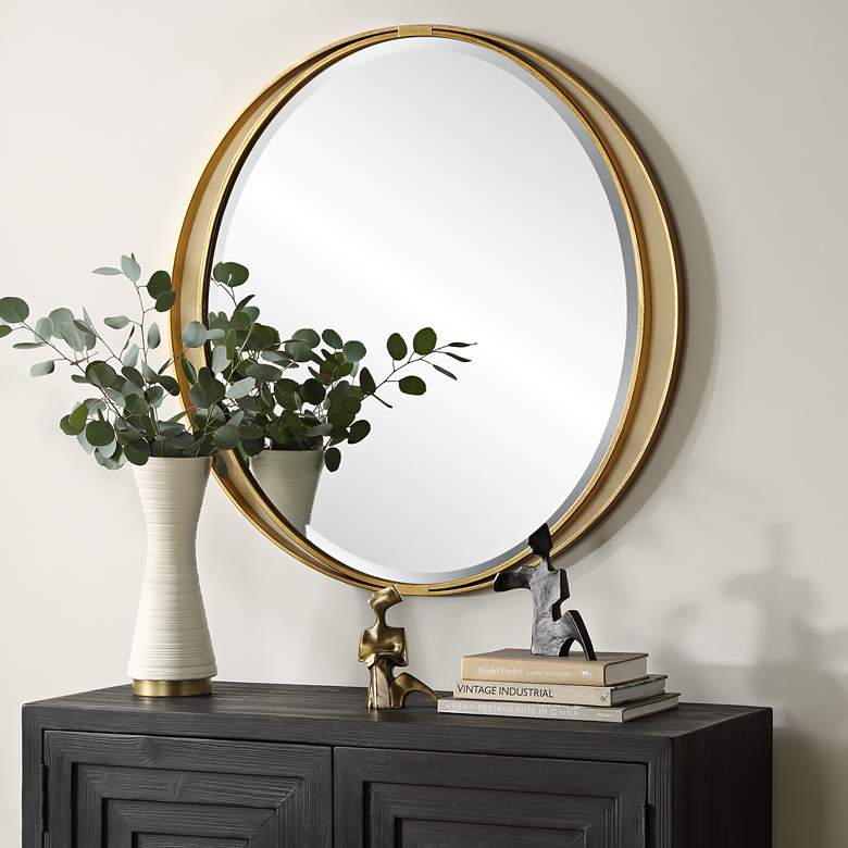 Image 1 Uttermost Rhodes Metallic Gold Leaf 36" Round Wall Mirror in scene