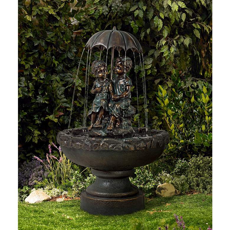 Image 1 Boy and Girl Under Umbrella 40 inch High Bronze Indoor - Outdoor Fountain in scene