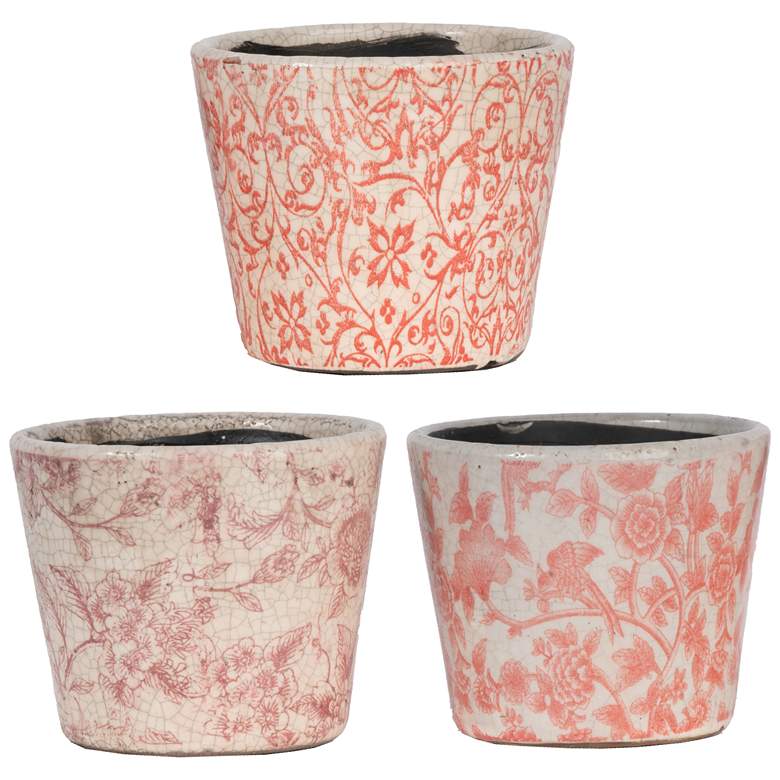 Image 1 5.5 inch Crackled Red Patterned Terracotta Planters - Set of 3