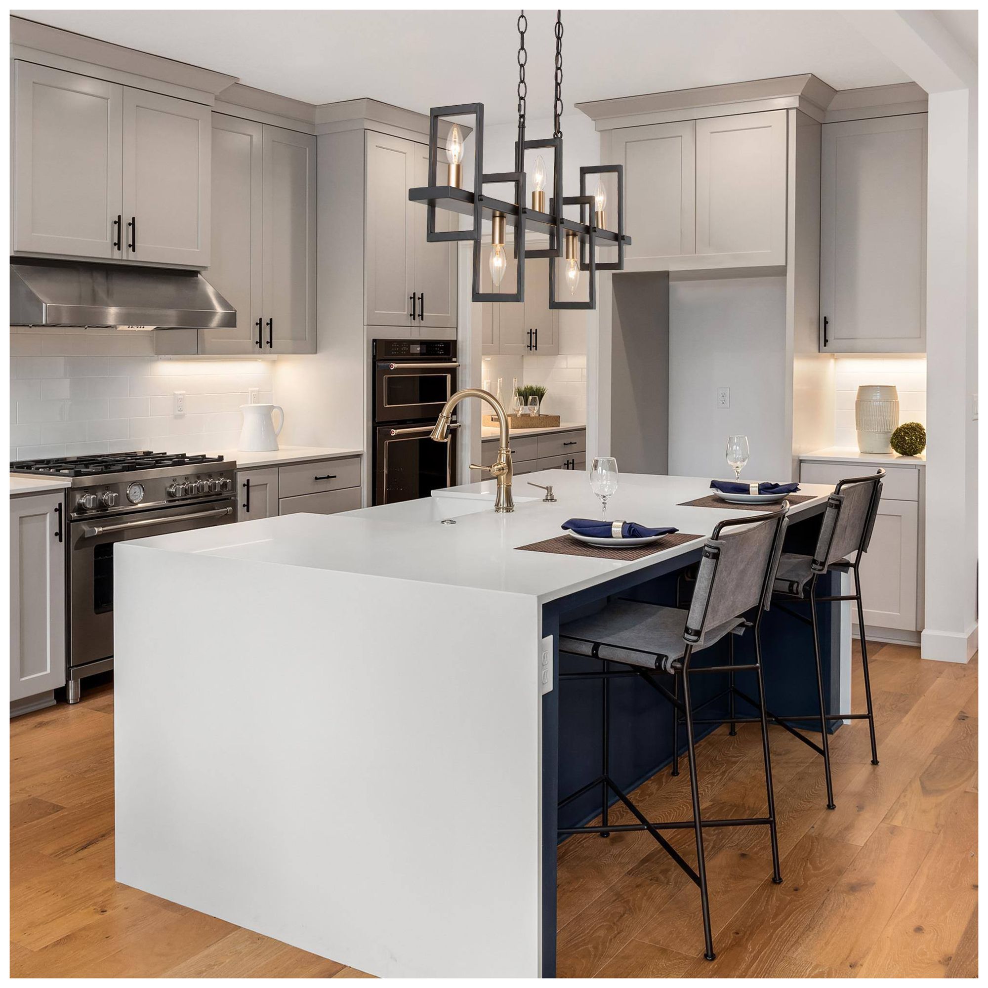 Image 7 5-Light 31.9"W Linear Matt Black and Metallic Gold Chandeliers more views