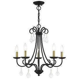 Image1 of 5 Light Black Chandelier with Antique Brass Finish Accents